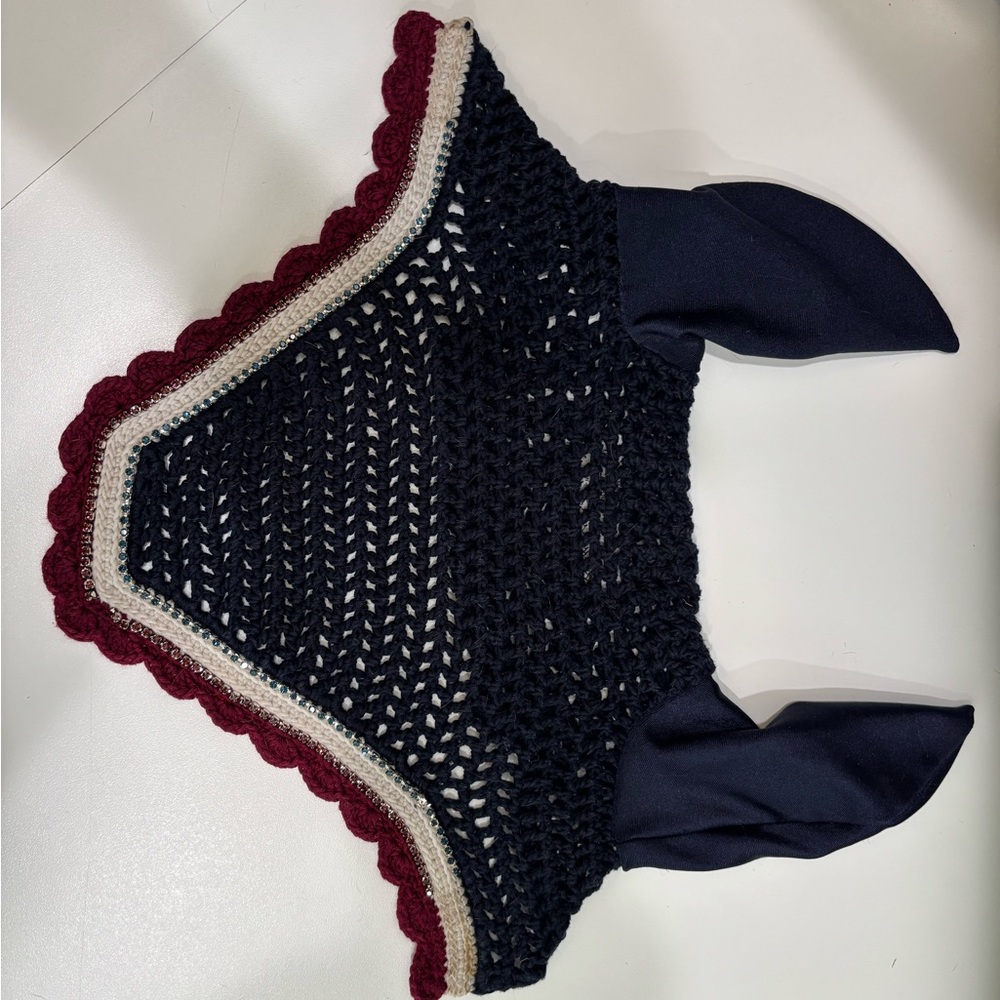Handmade Crochet Horse Ear Bonnet in Navy and Burgundy